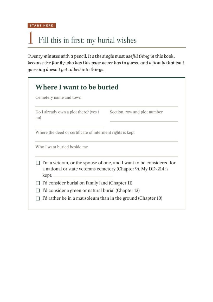 The burial wishes form from the book
